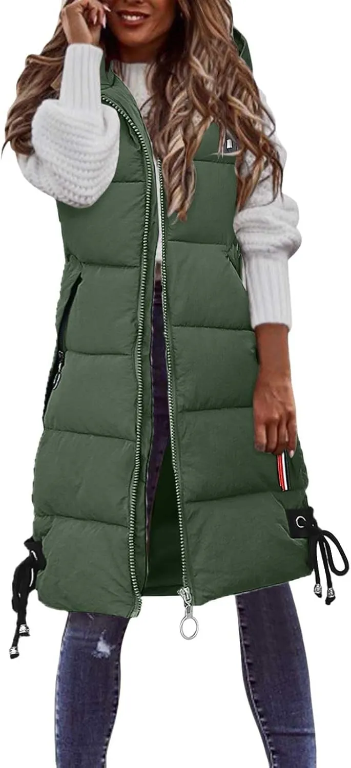 Womens 2024 Classic Temperament Zipper Hooded Puffer Coat Sleeveless Pockets Casual Down Coat Warm Slim Daily Overcoat