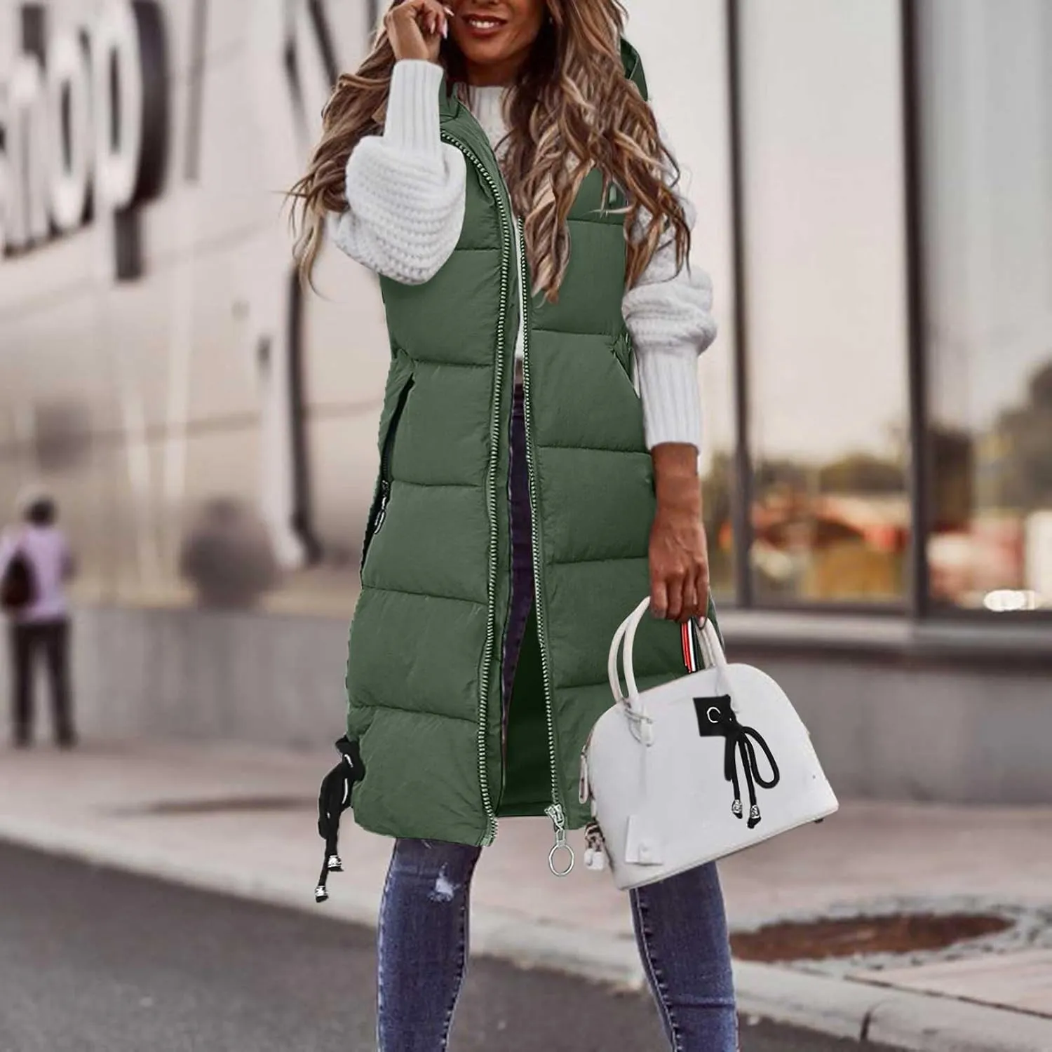 Womens 2024 Classic Temperament Zipper Hooded Puffer Coat Sleeveless Pockets Casual Down Coat Warm Slim Daily Overcoat