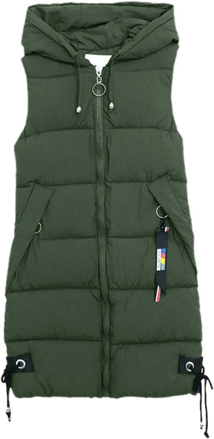 Womens 2024 Classic Temperament Zipper Hooded Puffer Coat Sleeveless Pockets Casual Down Coat Warm Slim Daily Overcoat