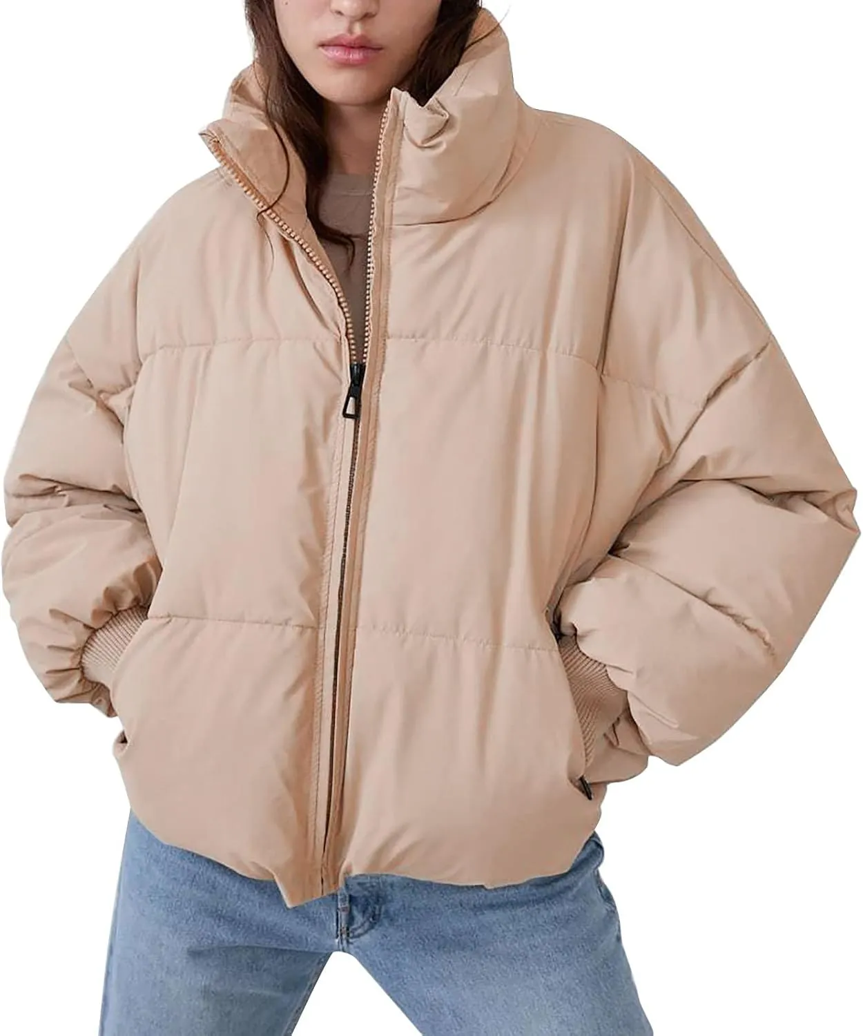 Womens 2024 Winter Fashion Zipper Solid Puffer Coats Thicken Warm Zipper Down Jackets Daily Outdoor Commuting Outwear