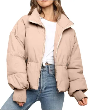 Womens 2024 Winter Fashion Zipper Solid Puffer Coats Thicken Warm Zipper Down Jackets Daily Outdoor Commuting Outwear