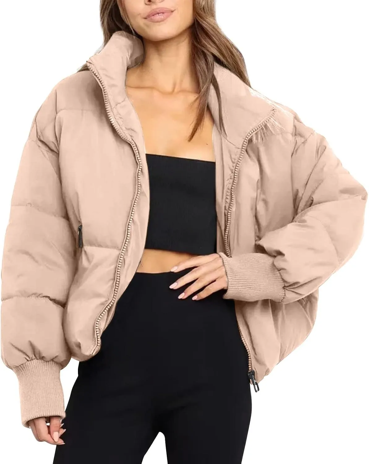 Womens 2024 Winter Fashion Zipper Solid Puffer Coats Thicken Warm Zipper Down Jackets Daily Outdoor Commuting Outwear