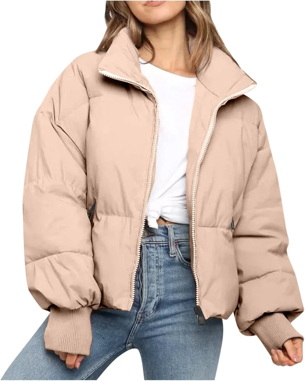 Womens 2024 Winter Fashion Zipper Solid Puffer Coats Thicken Warm Zipper Down Jackets Daily Outdoor Commuting Outwear