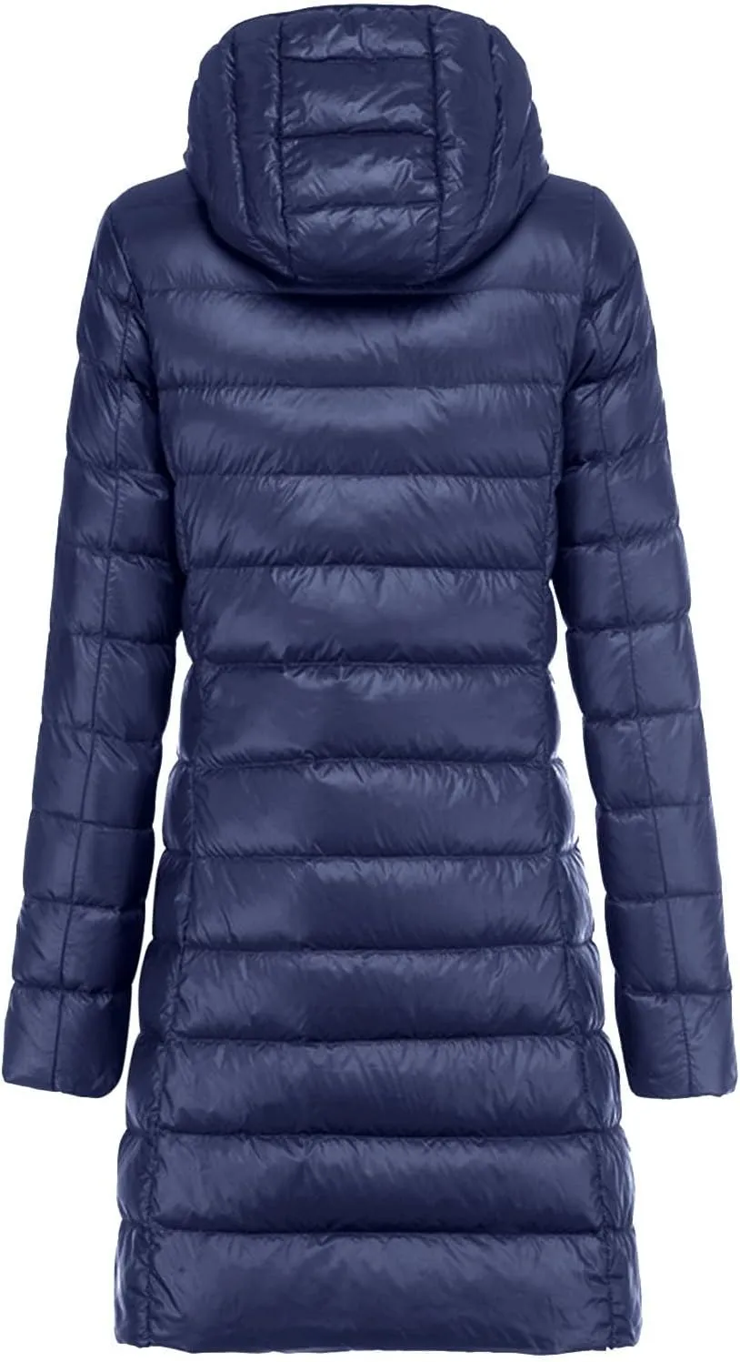 Womens 2024 Winter Outdoor Commuting Long Puffer Coats Thick Warm Soft Slim Down Jackets Casual Zipper Hooded Overcoat