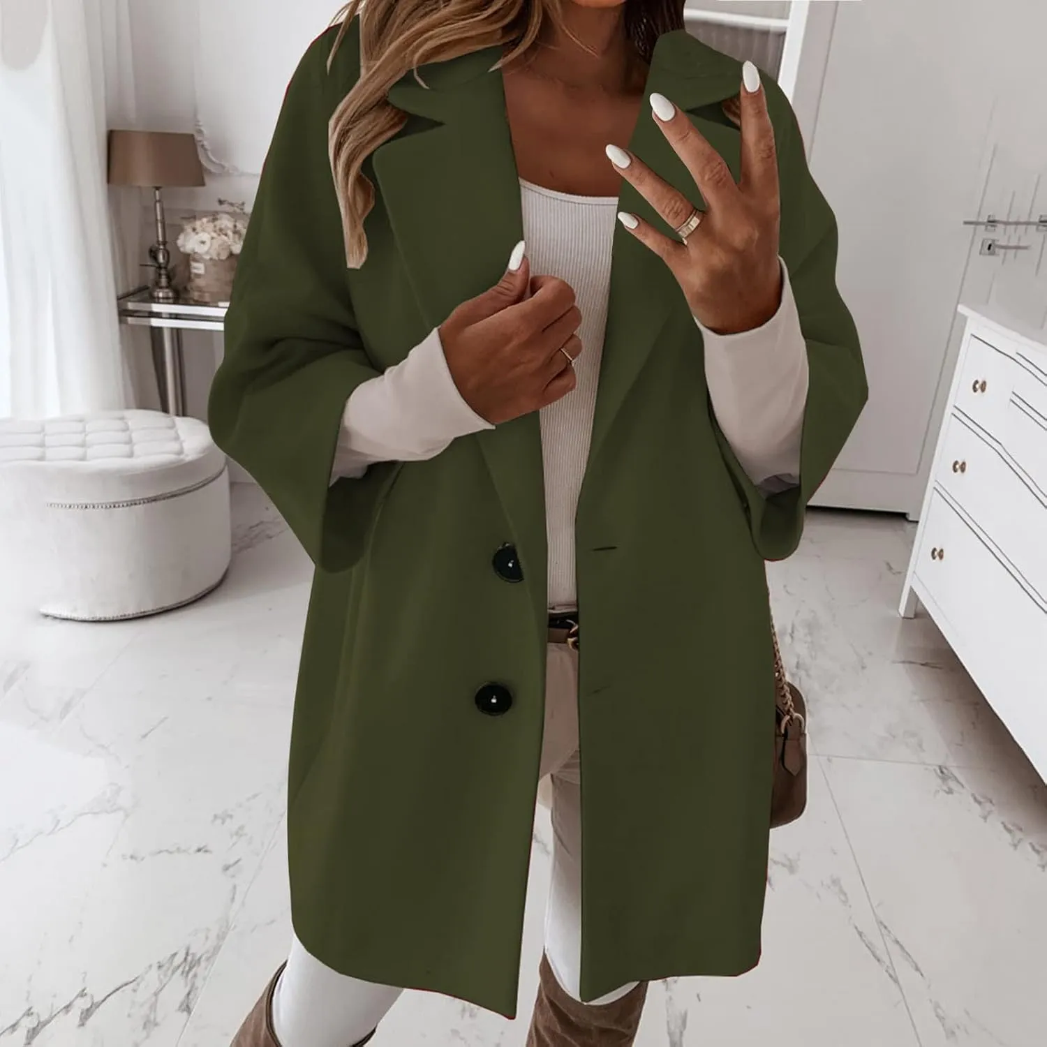 Womens 3/4 Sleeve Notched Lapel Collar Double Breasted Coat Winter Wool Blend Over Coats Long Jacket Woman