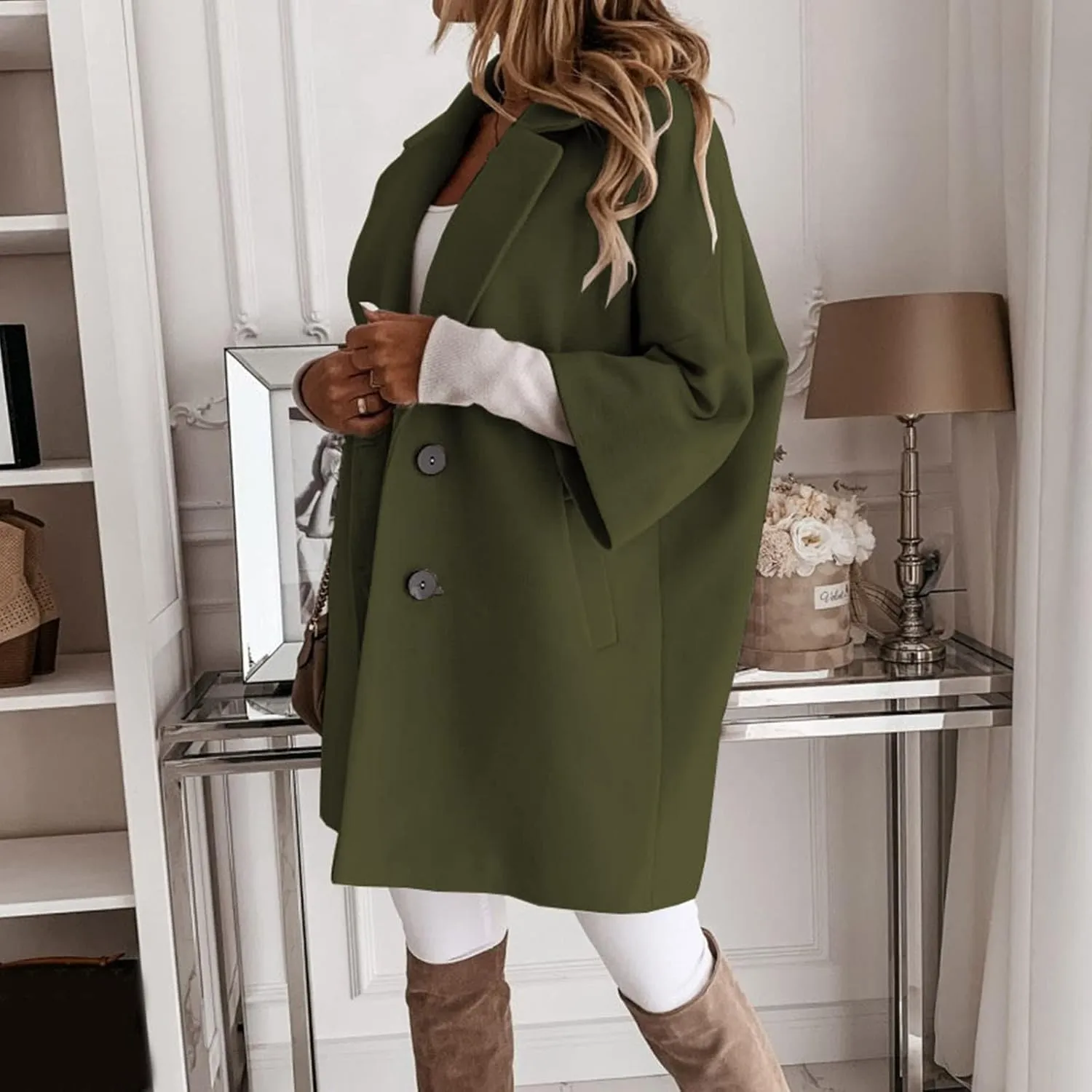 Womens 3/4 Sleeve Notched Lapel Collar Double Breasted Coat Winter Wool Blend Over Coats Long Jacket Woman