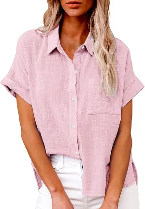 Women's Button Down Shirts Sleeve Down Christmas Fall Jacket Rolled Cuffed Short Sleeve Blouse Long Button Down