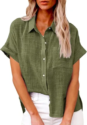 Women's Button Down Shirts Sleeve Down Christmas Fall Jacket Rolled Cuffed Short Sleeve Blouse Long Button Down