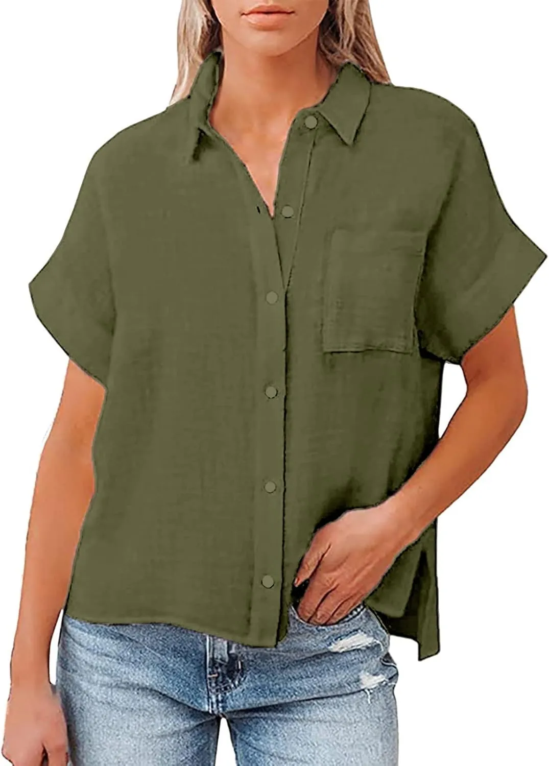 Women's Button Down Shirts Sleeve Down Christmas Fall Jacket Rolled Cuffed Short Sleeve Blouse Long Button Down