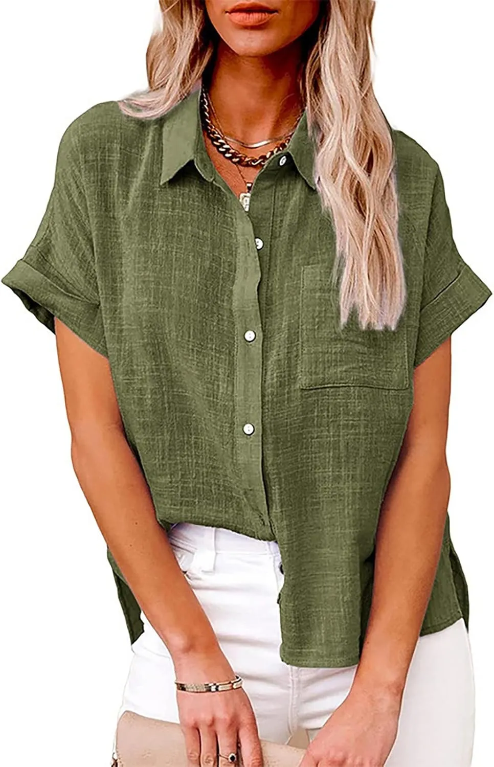 Women's Button Down Shirts Sleeve Down Christmas Fall Jacket Rolled Cuffed Short Sleeve Blouse Long Button Down