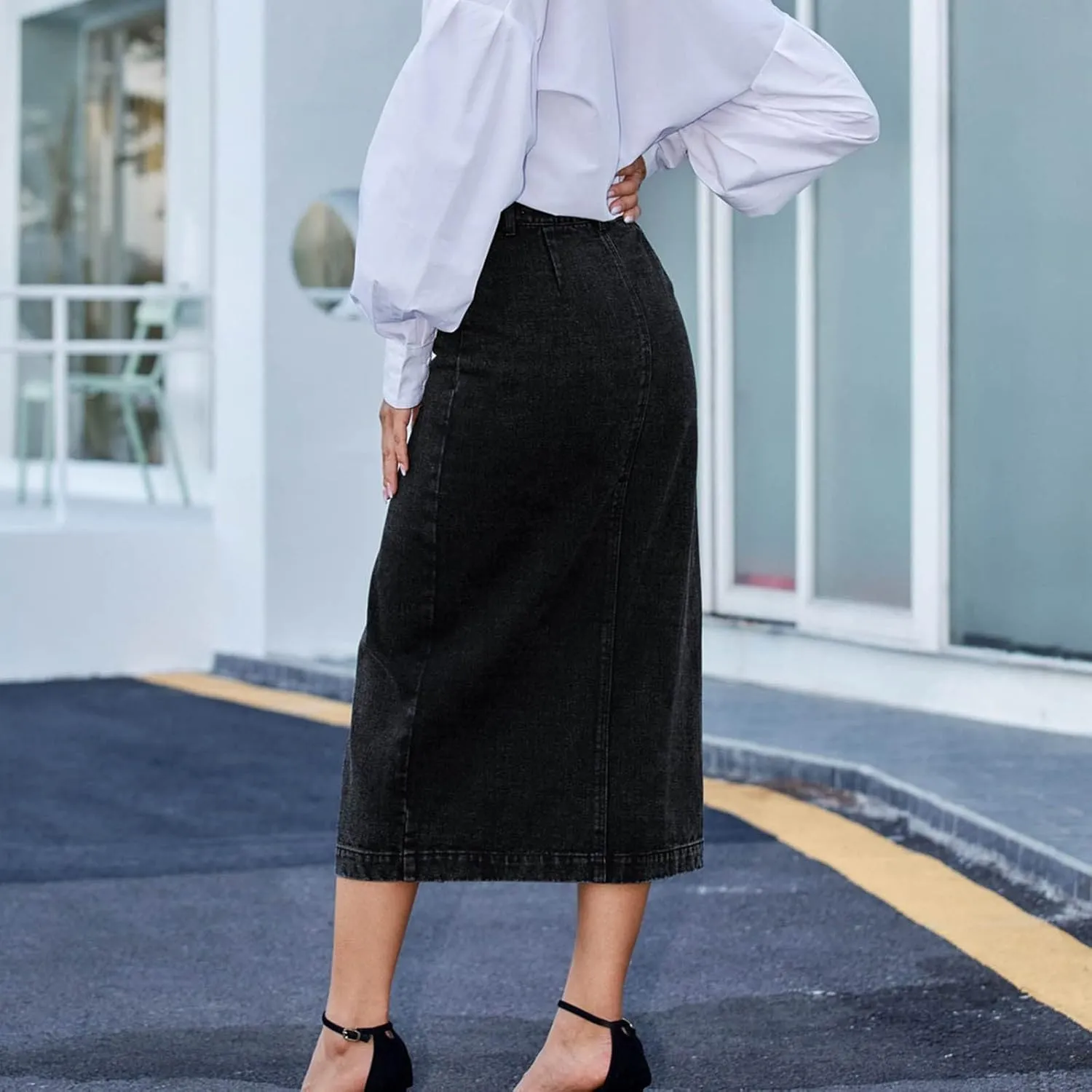 Women's Button Front Denim Skirt High Waisted Split Hem Bodycon Longline One Piece Jean Pencil Skirts