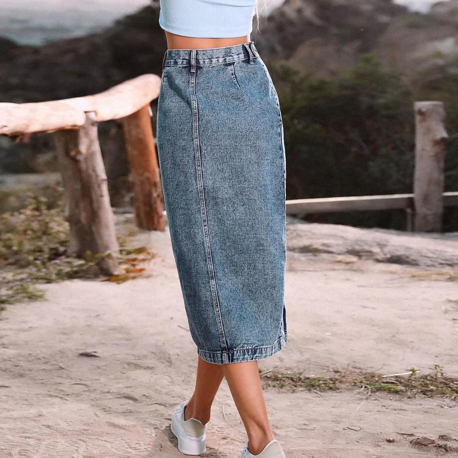 Women's Button Front Denim Skirt High Waisted Split Hem Bodycon Longline One Piece Jean Pencil Skirts