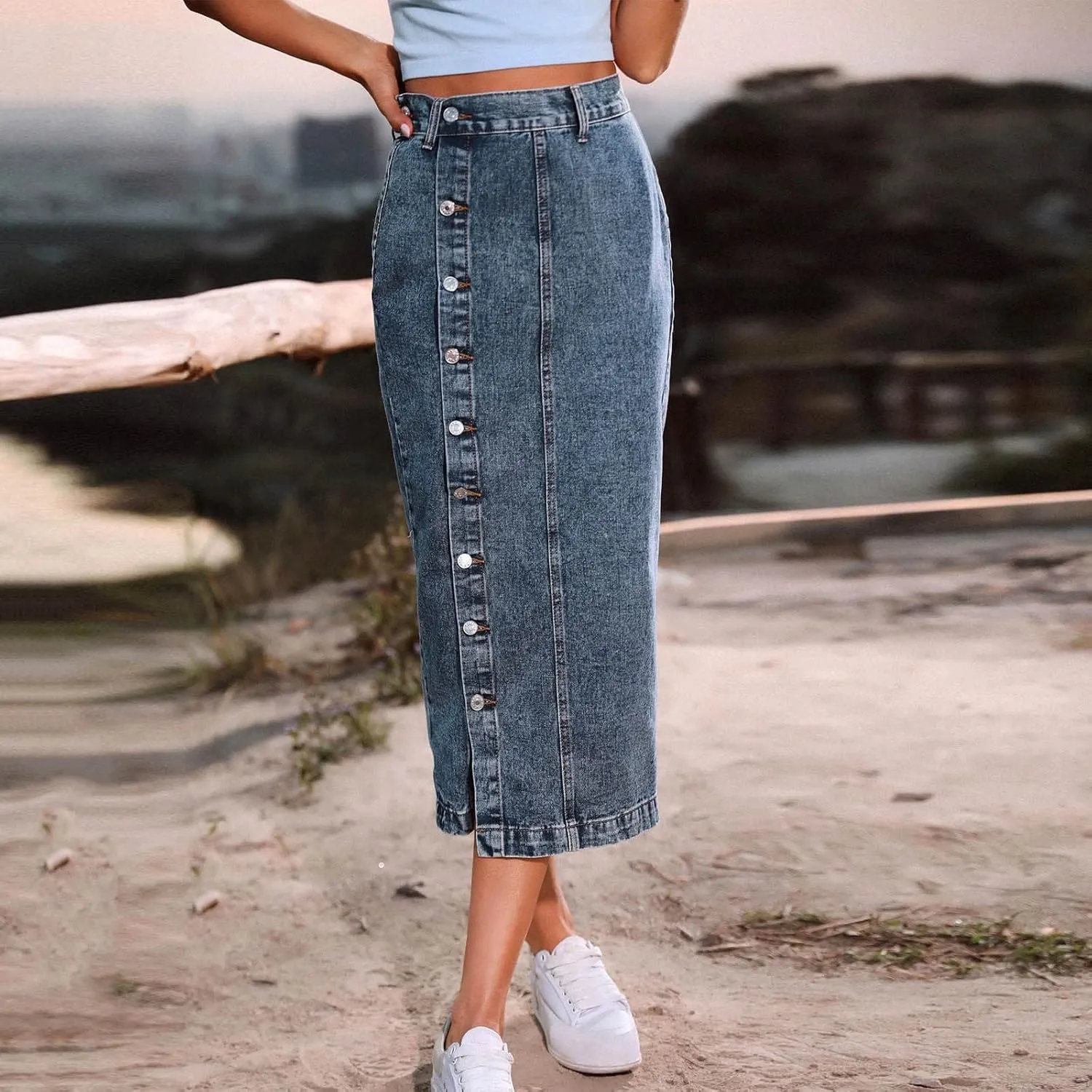 Women's Button Front Denim Skirt High Waisted Split Hem Bodycon Longline One Piece Jean Pencil Skirts