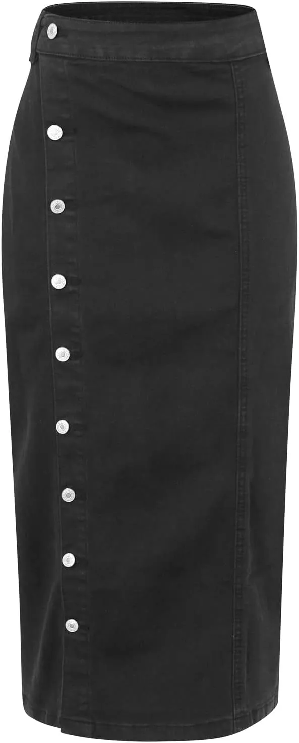 Women's Button Front Denim Skirt High Waisted Split Hem Bodycon Longline One Piece Jean Pencil Skirts
