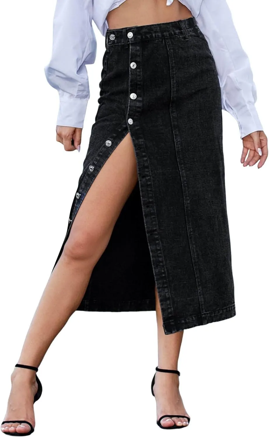 Women's Button Front Denim Skirt High Waisted Split Hem Bodycon Longline One Piece Jean Pencil Skirts