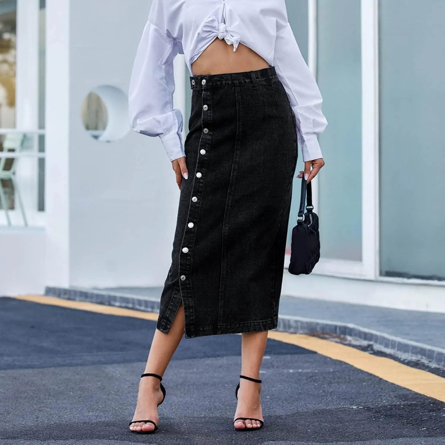 Women's Button Front Denim Skirt High Waisted Split Hem Bodycon Longline One Piece Jean Pencil Skirts