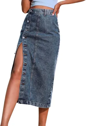 Women's Button Front Denim Skirt High Waisted Split Hem Bodycon Longline One Piece Jean Pencil Skirts