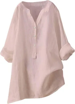 Womens Button Shirt Linen Roll Up Cuffed Sleeve V Neck Beach Shirt Casual Loose Solid Color Blouse Tunics Top