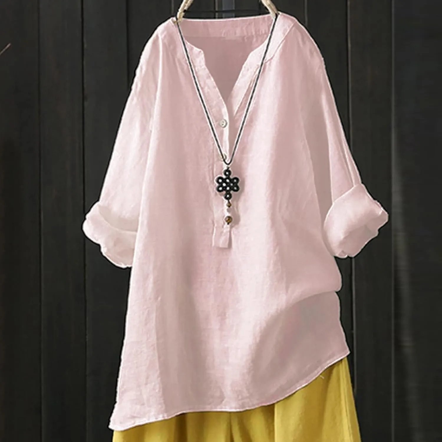 Womens Button Shirt Linen Roll Up Cuffed Sleeve V Neck Beach Shirt Casual Loose Solid Color Blouse Tunics Top