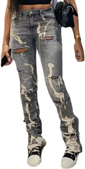 Womens Casual Jeans Denim Pants Vintage Trousers with Pockets