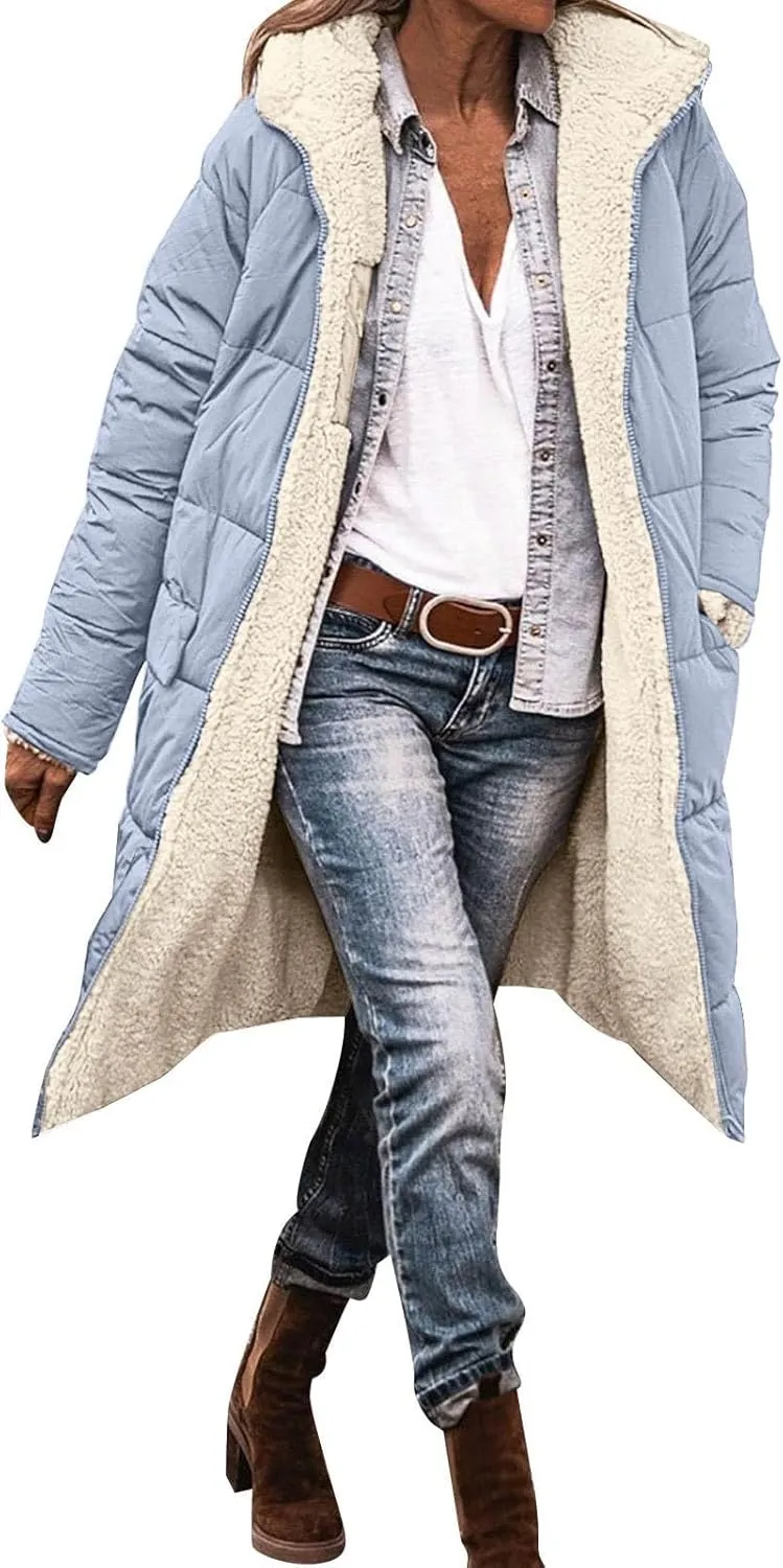Womens Casual Quilted Zipper Fleece Coat Long Sleeve Hooded Warm Puffer Coat Loose Soft Fit Down Coat Outdoor Outfits