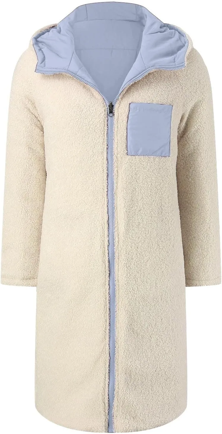 Womens Casual Quilted Zipper Fleece Coat Long Sleeve Hooded Warm Puffer Coat Loose Soft Fit Down Coat Outdoor Outfits