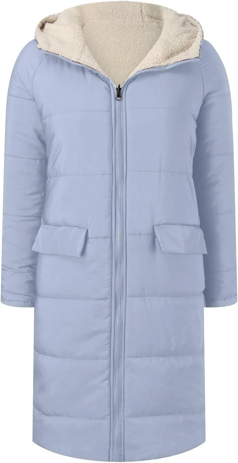 Womens Casual Quilted Zipper Fleece Coat Long Sleeve Hooded Warm Puffer Coat Loose Soft Fit Down Coat Outdoor Outfits