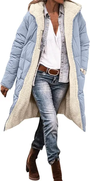 Womens Casual Quilted Zipper Fleece Coat Long Sleeve Hooded Warm Puffer Coat Loose Soft Fit Down Coat Outdoor Outfits