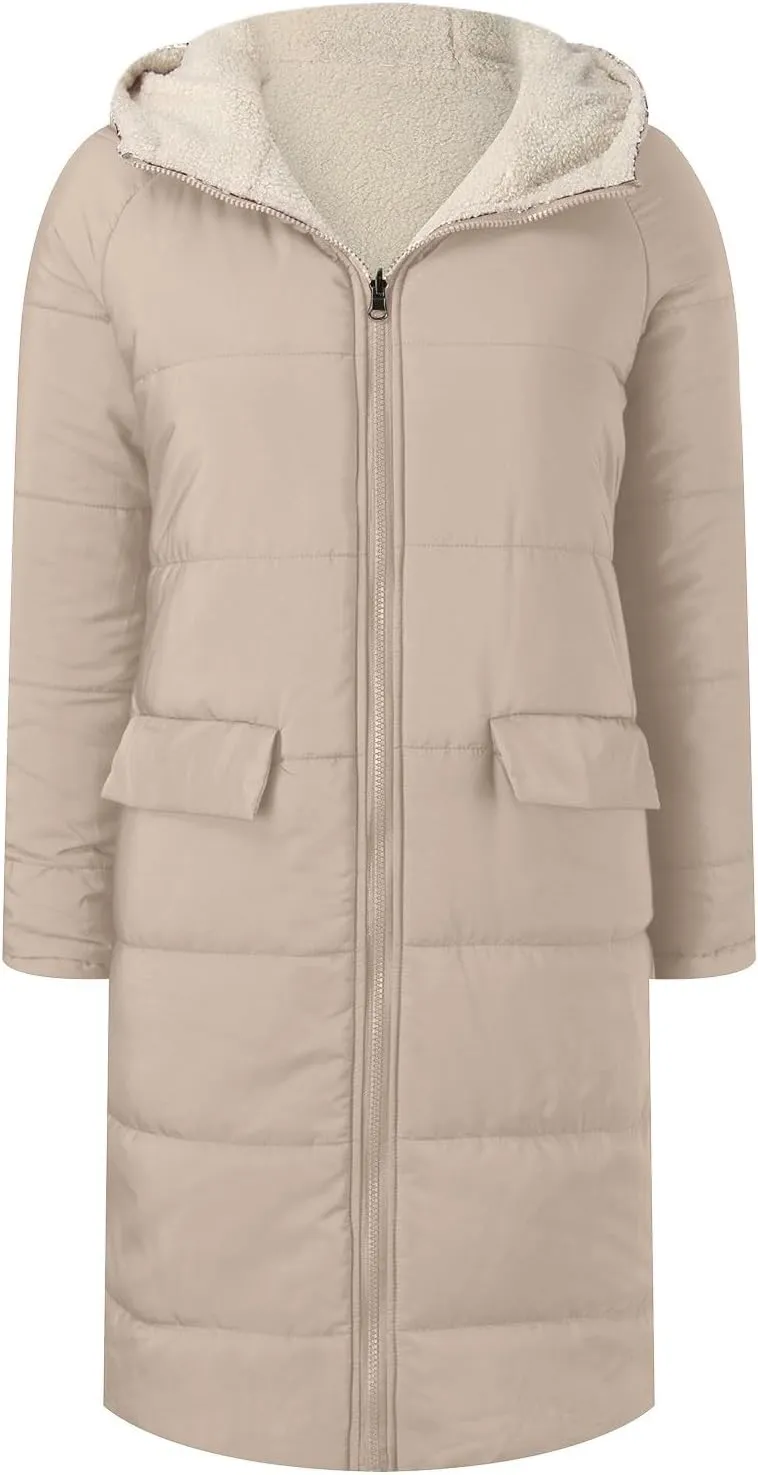 Womens Casual Quilted Zipper Fleece Coat Long Sleeve Hooded Warm Puffer Coat Loose Soft Fit Down Coat Outdoor Outfits