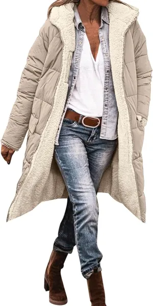 Womens Casual Quilted Zipper Fleece Coat Long Sleeve Hooded Warm Puffer Coat Loose Soft Fit Down Coat Outdoor Outfits