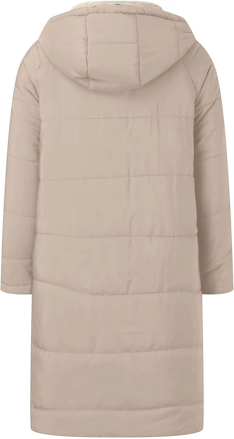 Womens Casual Quilted Zipper Fleece Coat Long Sleeve Hooded Warm Puffer Coat Loose Soft Fit Down Coat Outdoor Outfits