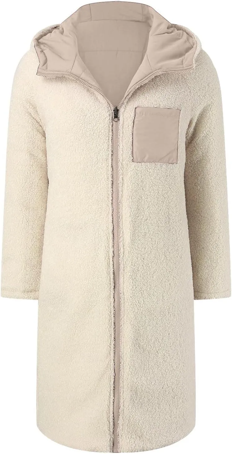 Womens Casual Quilted Zipper Fleece Coat Long Sleeve Hooded Warm Puffer Coat Loose Soft Fit Down Coat Outdoor Outfits