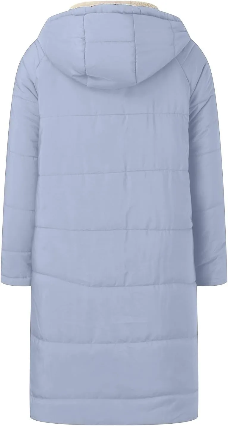 Womens Casual Quilted Zipper Fleece Coat Long Sleeve Hooded Warm Puffer Coat Loose Soft Fit Down Coat Outdoor Outfits