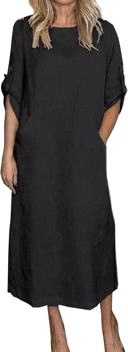 Women's Cotton and Linen Round Neck Cuffed Sleeve Long Dress Casual Loose Maxi Dresses Vacation Dress with Pocket