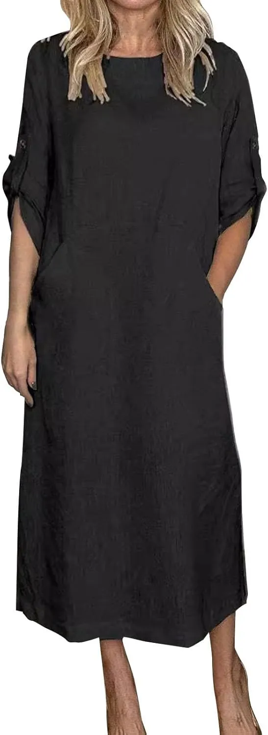 Women's Cotton and Linen Round Neck Cuffed Sleeve Long Dress Casual Loose Maxi Dresses Vacation Dress with Pocket