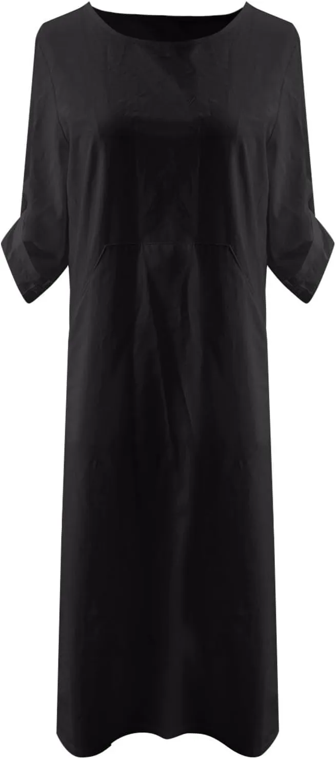 Women's Cotton and Linen Round Neck Cuffed Sleeve Long Dress Casual Loose Maxi Dresses Vacation Dress with Pocket
