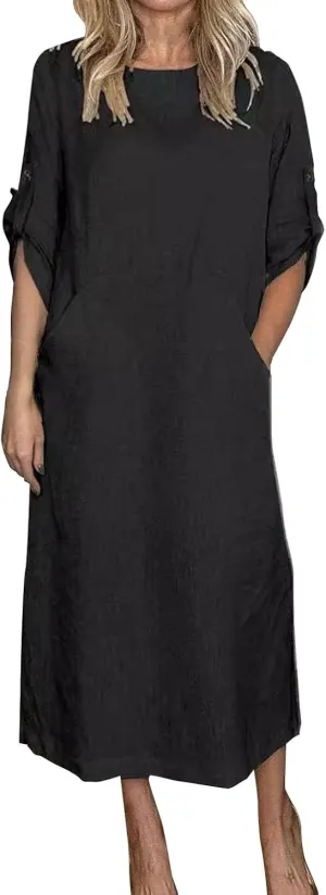 Women's Cotton and Linen Round Neck Cuffed Sleeve Long Dress Casual Loose Maxi Dresses Vacation Dress with Pocket