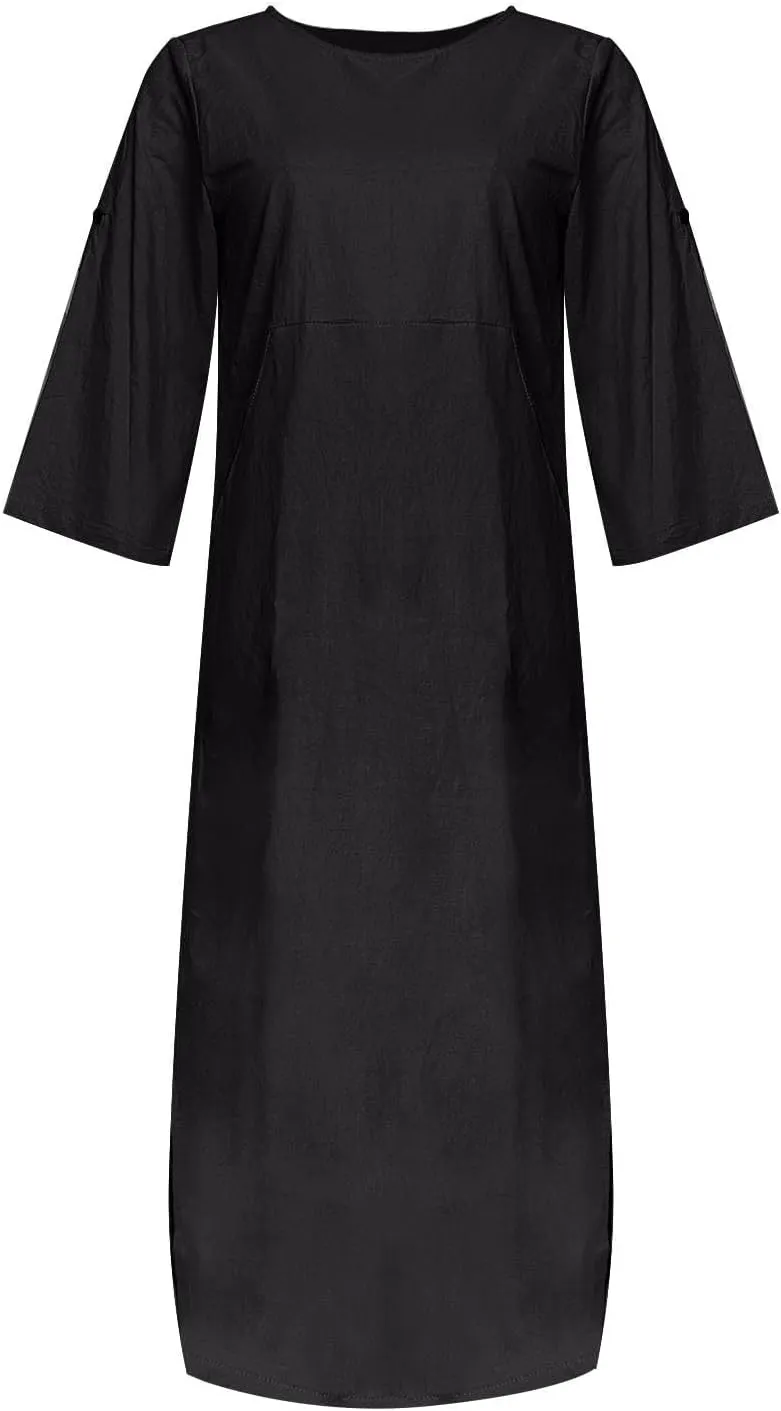 Women's Cotton and Linen Round Neck Cuffed Sleeve Long Dress Casual Loose Maxi Dresses Vacation Dress with Pocket