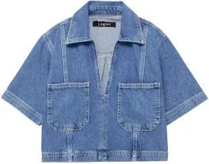 Women's Cropped Denim Shirt Casaul V Neck Short Cuffed Sleeve Denim Jean Shirts Jacket Tops 