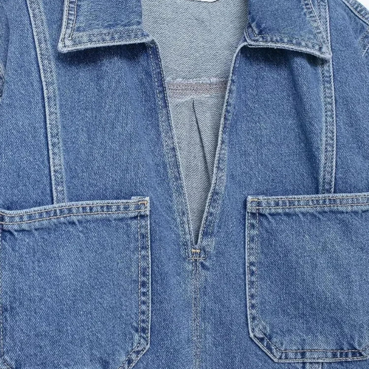 Women's Cropped Denim Shirt Casaul V Neck Short Cuffed Sleeve Denim Jean Shirts Jacket Tops 