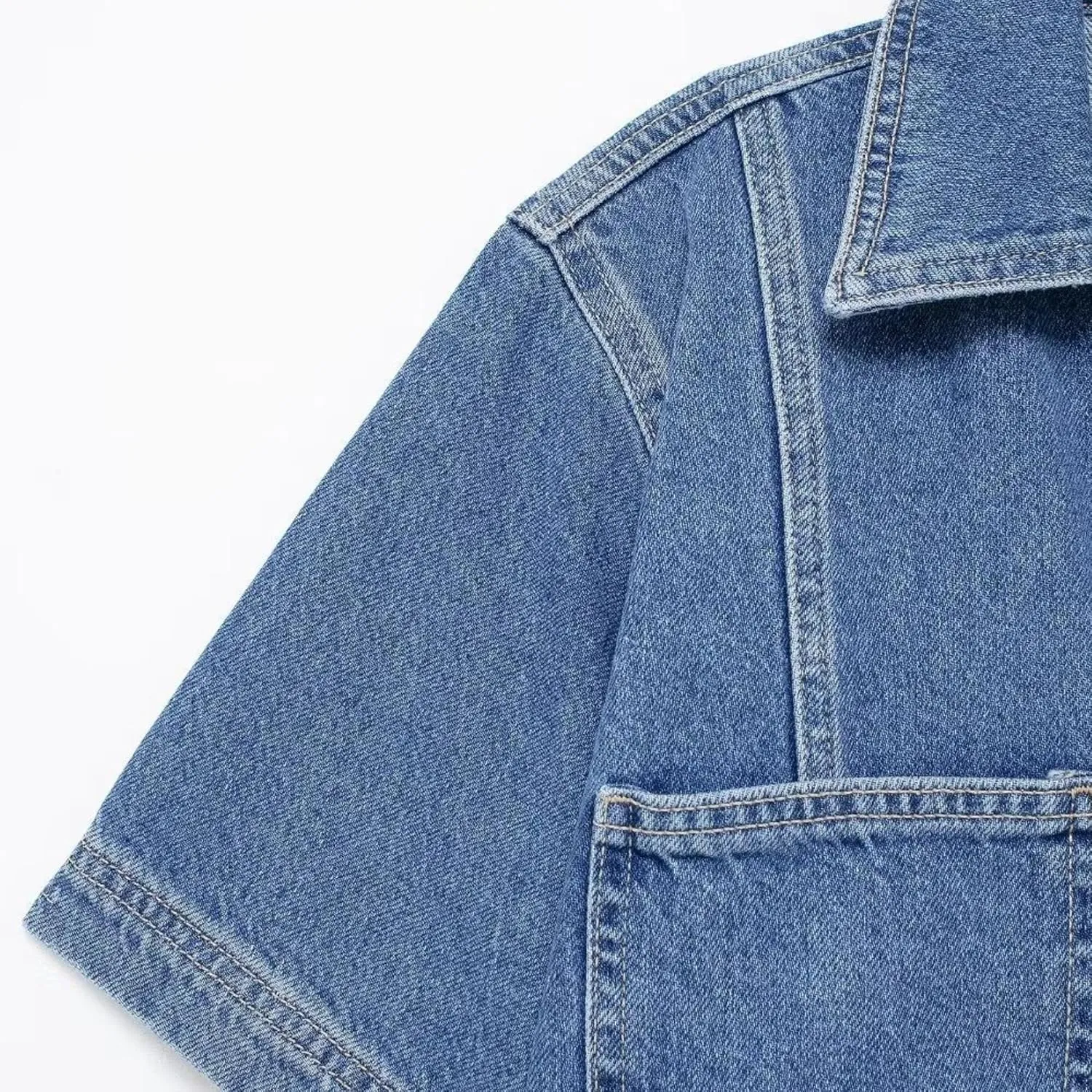 Women's Cropped Denim Shirt Casaul V Neck Short Cuffed Sleeve Denim Jean Shirts Jacket Tops 