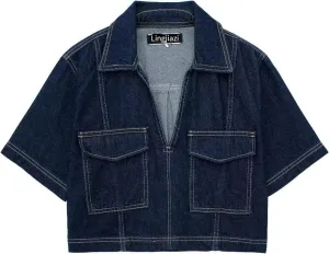 Women's Cropped Denim Shirt Casaul V Neck Short Cuffed Sleeve Denim Jean Shirts Jacket Tops 