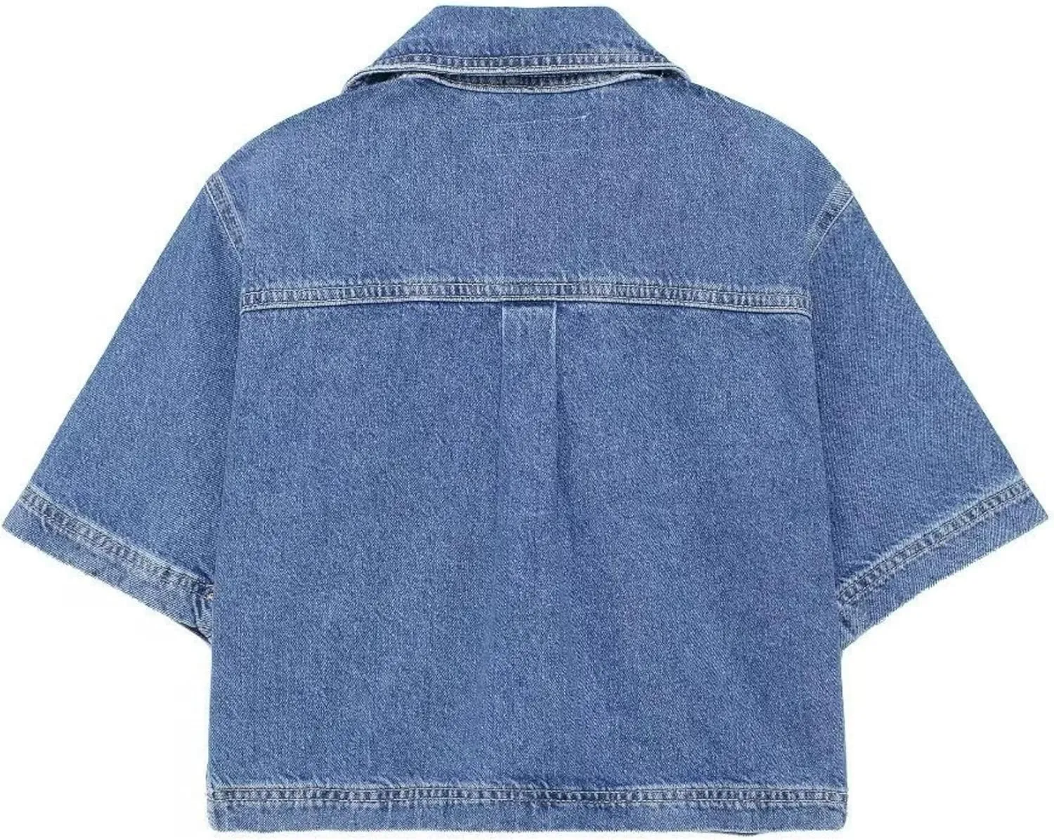Women's Cropped Denim Shirt Casaul V Neck Short Cuffed Sleeve Denim Jean Shirts Jacket Tops 