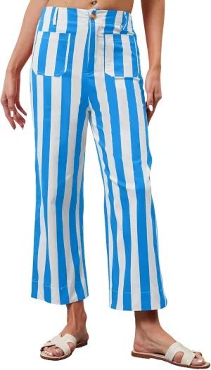 Womens Cropped Striped Jeans High Waisted Strechy Wide Leg Capri Jeans Straight Flare Ankle Denim Pants with Pockets