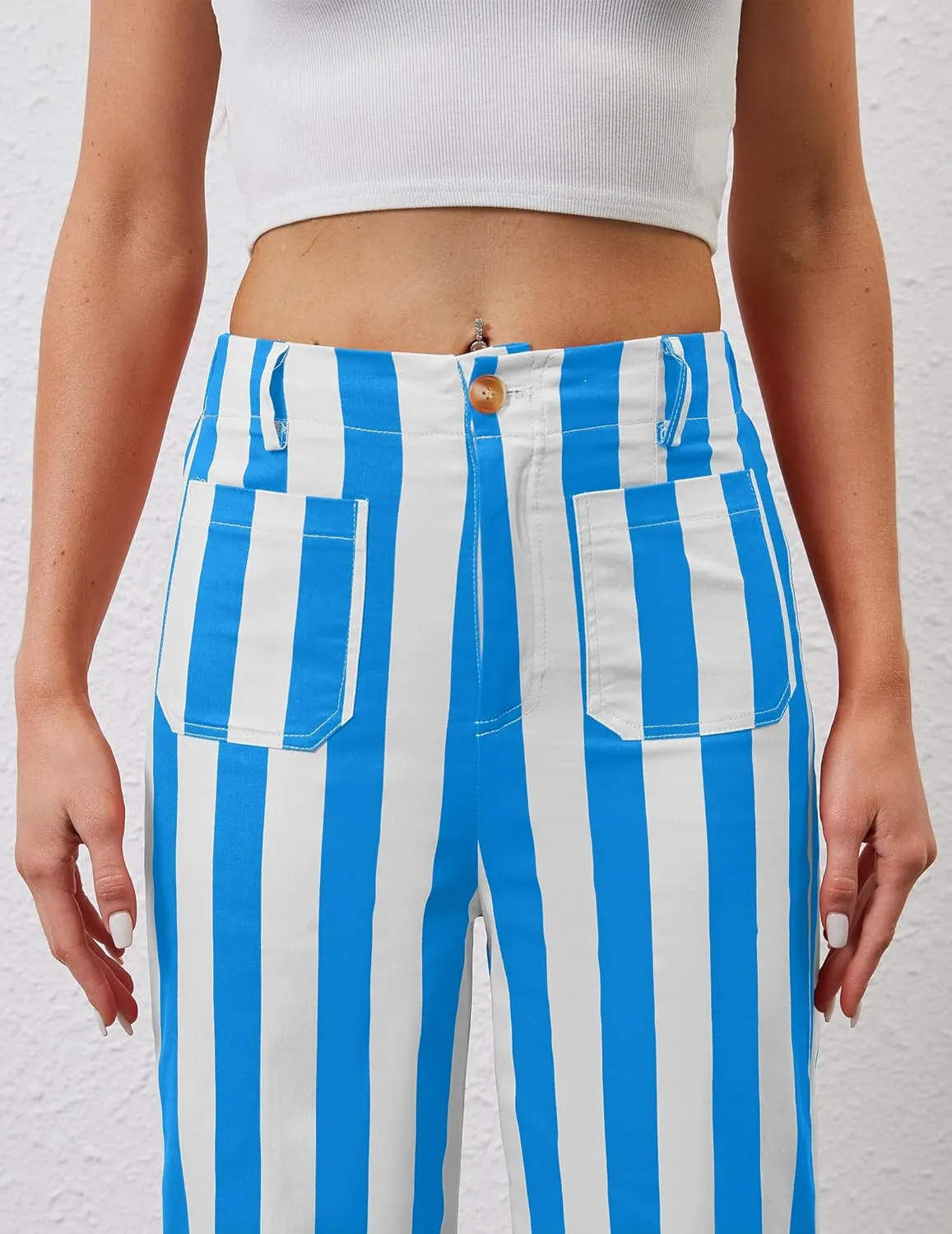 Womens Cropped Striped Jeans High Waisted Strechy Wide Leg Capri Jeans Straight Flare Ankle Denim Pants with Pockets