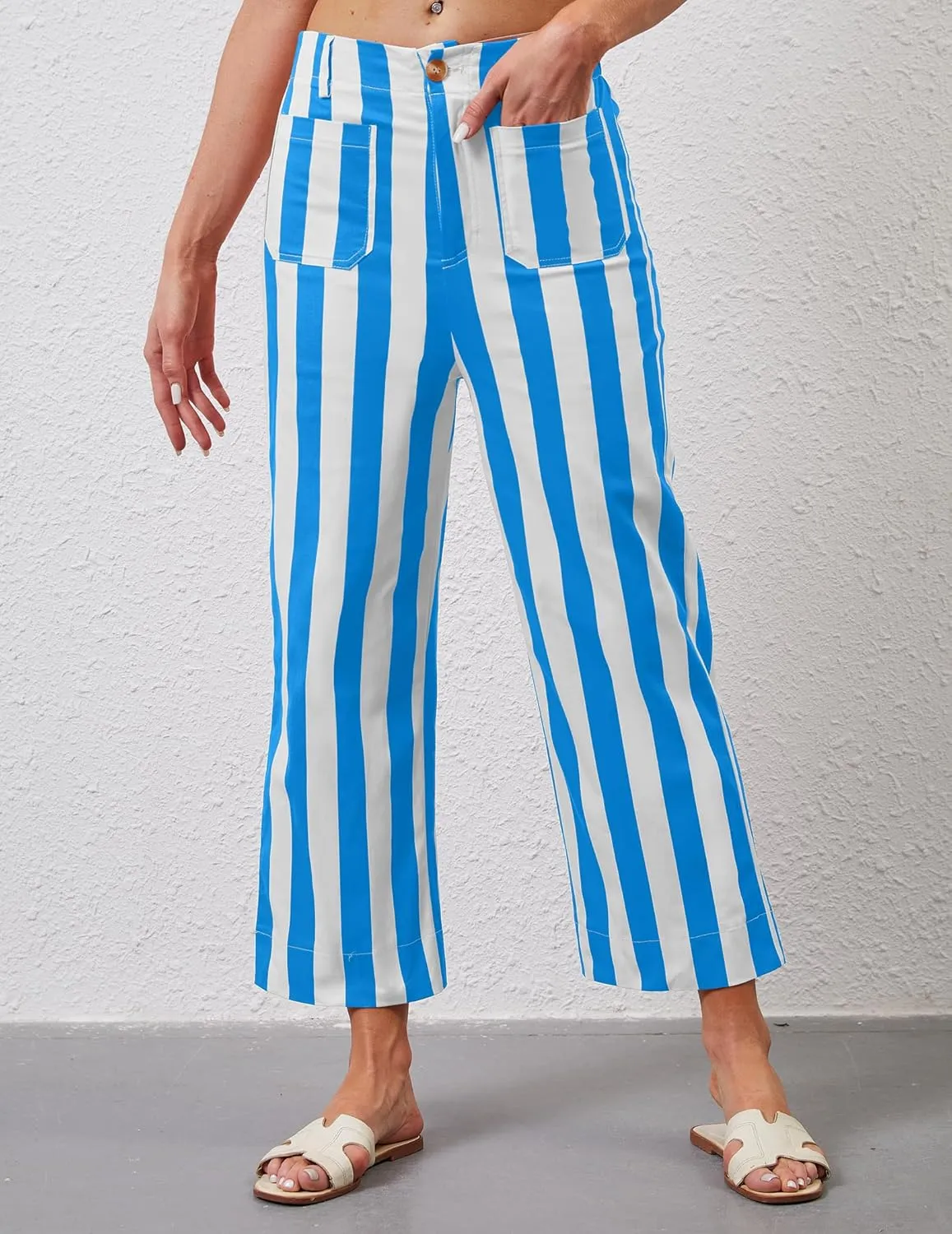 Womens Cropped Striped Jeans High Waisted Strechy Wide Leg Capri Jeans Straight Flare Ankle Denim Pants with Pockets