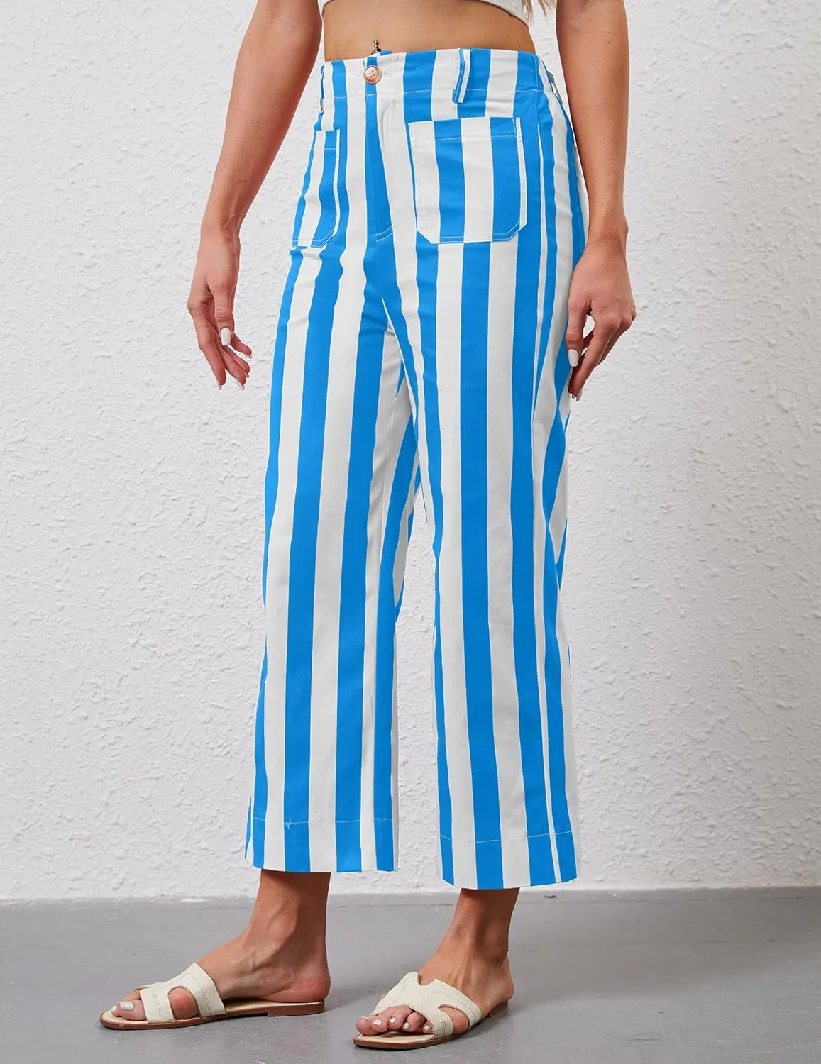Womens Cropped Striped Jeans High Waisted Strechy Wide Leg Capri Jeans Straight Flare Ankle Denim Pants with Pockets