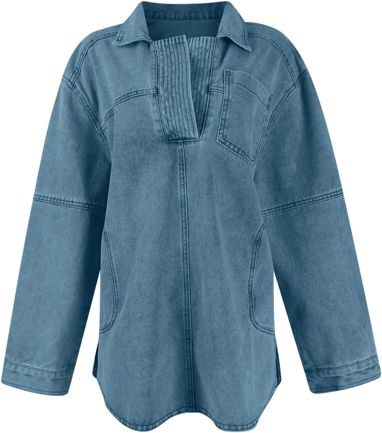 Women's Denim Pullover Casual Button V Neck Blouse Loose Fit Long Sleeve Jean Jacket