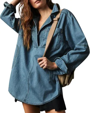 Women's Denim Pullover Casual Button V Neck Blouse Loose Fit Long Sleeve Jean Jacket