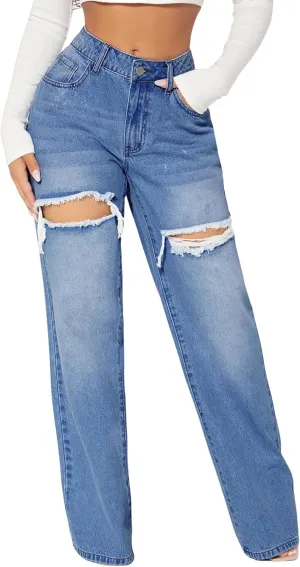 Womens Distressed Straight Leg Jeans High Waisted Wide Leg Baggy Jeans Boyfriend Casual Denim Pants.